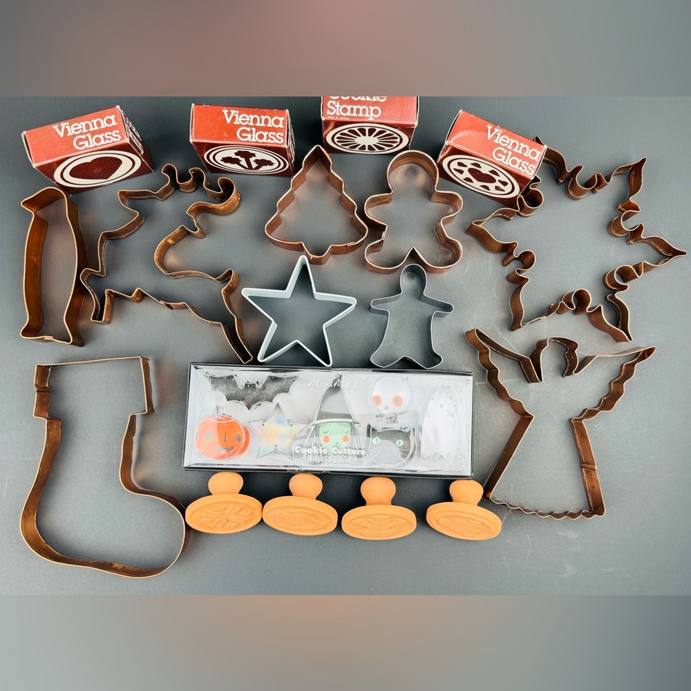 Copper Holiday cookie cutters, set of 7. Small Halloween set + 8 cookie stamps.